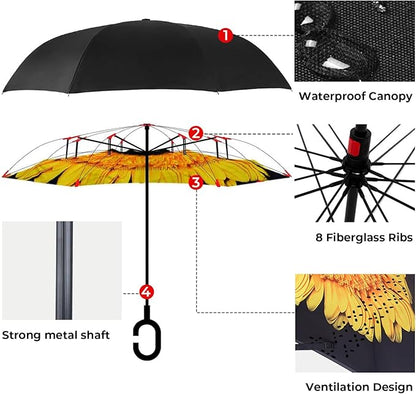 Inverted Umbrella, 49 Inch Double-Layer Vented Reverse Umbrella, Windproof Waterproof UV Protection, Lightweight C-Handle, Fiberglass Ribs, Steel Shaft, Travel/Commute/Car Use, With Sleeve