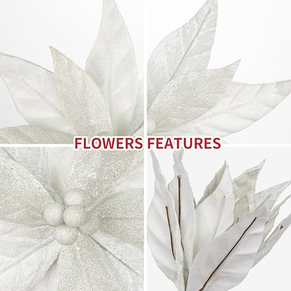 Hollyone 3PCS Poinsettia Christmas Flowers Artificial 11" Large Velvet White Glitter Poinsettia Flowers Christmas Tree Ornaments Floral Picks for Tree Wreath Garland Vase Table Centerpiece Home Decor