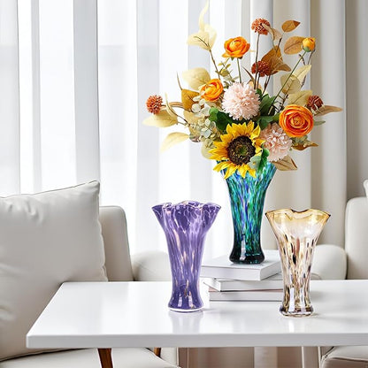 9.8" Tall Amber Hand Blown Glass Vases for Home Decor,Modern Wide Mouth Ruffle Flower Vase Table Centerpieces,Colored Coastal Sea Glass Art for Bookshelf,Bathroom,Counterto,Wedding