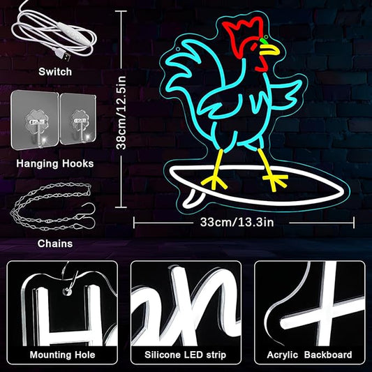Chicken on Skateboard Neon Signs for Wall Decor Chicken Led Sign Colorful Skateboard Led Light Dimmable USB Skateboard Neon Light for Living Room Bar Kidsroom Boys Room Shop Birthday Party