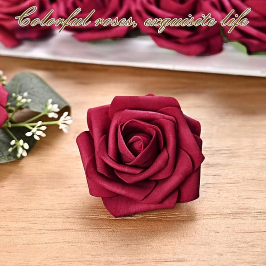 BLEUM CADE 36Pcs Artificial Flowers Fake Roses with Stems, Burgundy Boxed Foam Roses for DIY Bouquets Centerpieces Wedding Party Arrangement Bridal Shower Decor