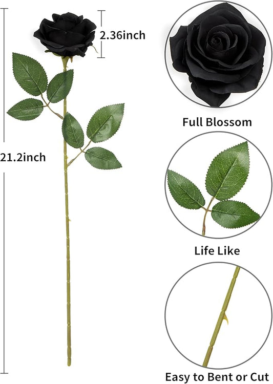 DuHouse 10pcs Fake Black Roses Artificial Silk Flowers Faux Rose Flower Long Stems Bouquet for Arrangement Wedding Centerpiece Party Home Kitchen Decor (Black)