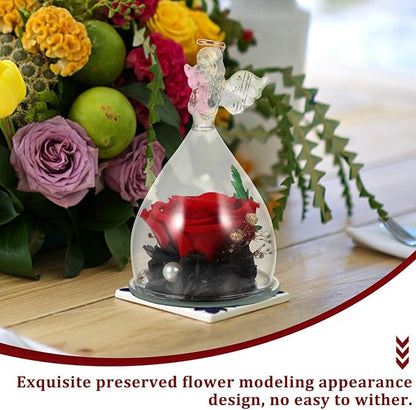 Garneck Eternal Preserved Rose with Angel Figurines in Glass Dome Romantic Desktop Ornament for Birthday Mother's Day Wedding Floral Decoration