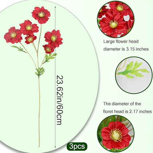 5 Pcs Artificial Flowers with Stems Faux Daisy Flowers Bouquet Red Gardenia Silk Flowers for Home Decor Indoor Vase Outdoors Balcony Table Centerpiece Outside Floral Arrangements Wedding