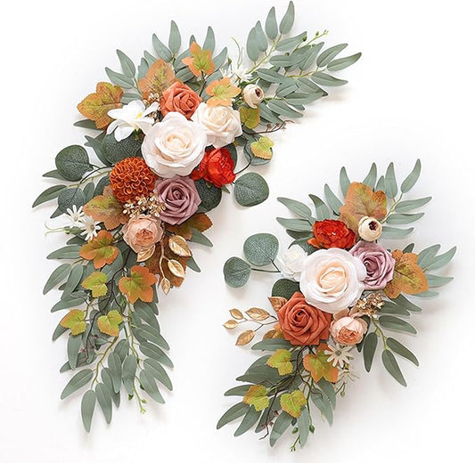 Champagne Orange Wedding Arch Flowers, Faux Flower Swag Set of 2, Orange Floral Swag for Wedding Arch Welcome Signs, Reception Ceremony Signs Decor