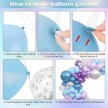 Amandir 153pcs Blue Purple Balloon Garland Arch Kit, Different Sizes 18 12 10 5 inch Blue Purple Pearlescent Metallic Confetti Snow Balloons for Princess Winter Wonderland Girl Baby Party Decorations