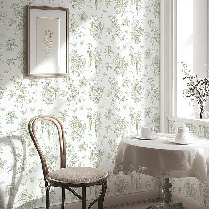 Floral Birds Wallpaper Peel and Stick Green and White Contact Paper 16.9”x 196.8” Vintage Floral Self Adhesive Removable Wallpaper Green Flower Contact Paper for Bathroom Kitchen Decor