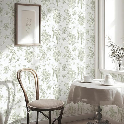 Floral Birds Wallpaper Peel and Stick Green and White Contact Paper 16.9”x 118.1”Vintage Floral Self Adhesive Removable Wallpaper Green Flower Contact Paper for Bathroom Kitchen Decor