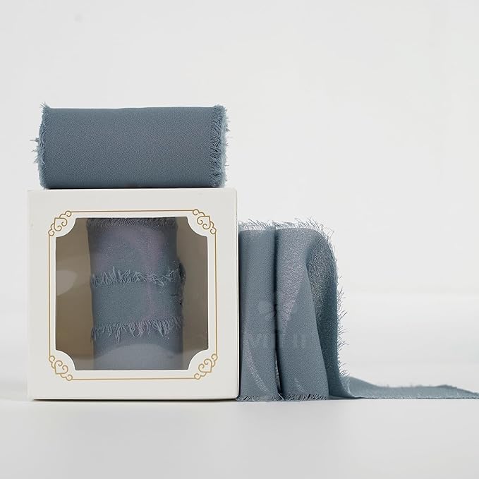 MEEDEE Dusty Blue Chiffon Ribbon 3 Inch Fringe Ribbons Slate Blue Chiffon Silk Frayed Edge Ribbon Wide Chiffon Ribbons for Crafts, Flower Bouquet, Wedding Favors Wrapping (2 Rolls 10 Yards)