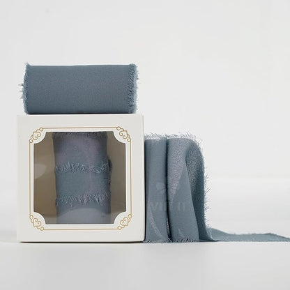 MEEDEE Dusty Blue Chiffon Ribbon 3 Inch Fringe Ribbons Slate Blue Chiffon Silk Frayed Edge Ribbon Wide Chiffon Ribbons for Crafts, Flower Bouquet, Wedding Favors Wrapping (2 Rolls 10 Yards)