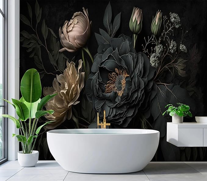 Eierme-Mysterious Black Peony Mural Wallpaper Peel and Stick 137" x 102"