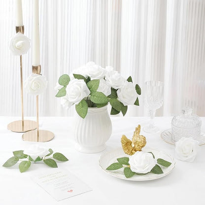 DerBlue 60pcs Artificial Roses Flowers with stem and 10pcs Green Leaves Real Looking Fake Roses Artificial Foam Roses Decoration DIY for Wedding,Arrangements Party Home Decorations