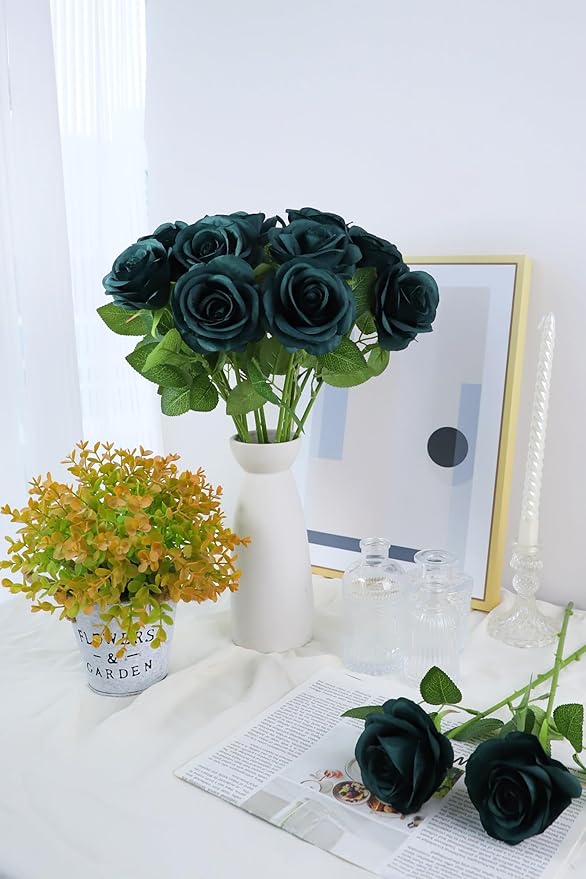 12pcs Roses Artificial Flowers Peacock Green Roses Flowers with Long Stems Silk Flowers for Wedding Bouquet Centerpices Decorations Party Bridal Baby Shower Home Décor Fake Roses