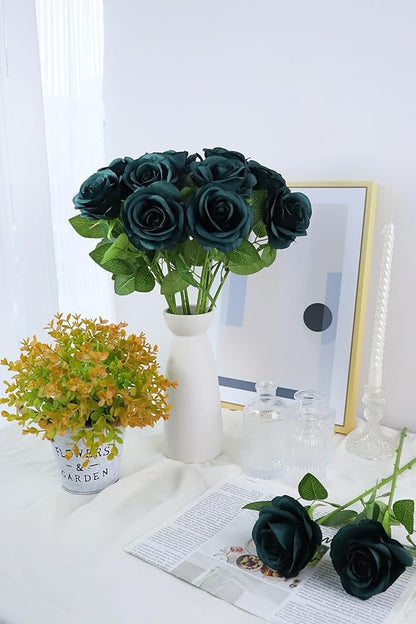 12pcs Roses Artificial Flowers Peacock Green Roses Flowers with Long Stems Silk Flowers for Wedding Bouquet Centerpices Decorations Party Bridal Baby Shower Home Décor Fake Roses