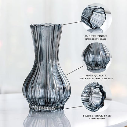 8" Decorative Modern Flower Vase with Twine Rope for Floral Arrangements, Wide Mouth Large Clear Glass Vase for Bouquet(Transparent) (Grey, 01)