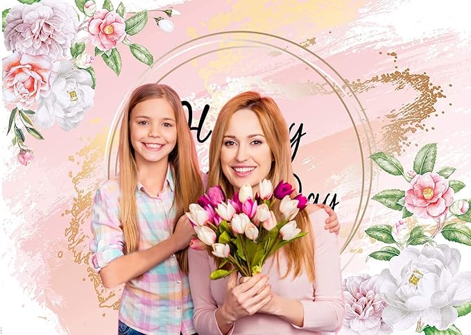 7x5ft Happy Mother's Day Backdrop Love Heart Photography Background Floral Mothers Day Birthday Photography Background for Mother's Day Photo Booth Props