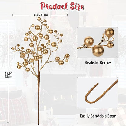 Hollyone 4 Pack Artificial Christmas Glitter Berries Stems, 19 Inch Fake Gold Holly Berry Picks with Ice Snow for Xmas Tree Wreath Floral Arrangements Holiday Home Vase DIY Crafts Decor