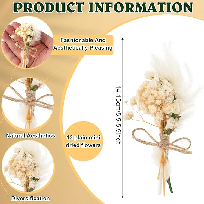12 Pack Dried Flower Bouquet Mini Natural Pampas Grass for Crafts Small Dried Embossing Florat with Stem Boho Artificial Arrangement Wedding Derco Flowers Bundles for Vases, Wedding, Home, Party