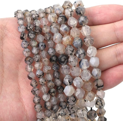 Faceted Natural Black Dragon Agate Stone Round Beads 8mm 36cm/Strand for Jewelry Making