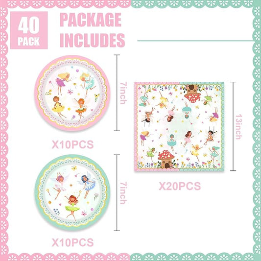 40Pcs Fairy Birthday Party Decorations Pink Flower Baby Shower Paper Plates and Napkins Party Supplies Fairy First Birthday Decorations