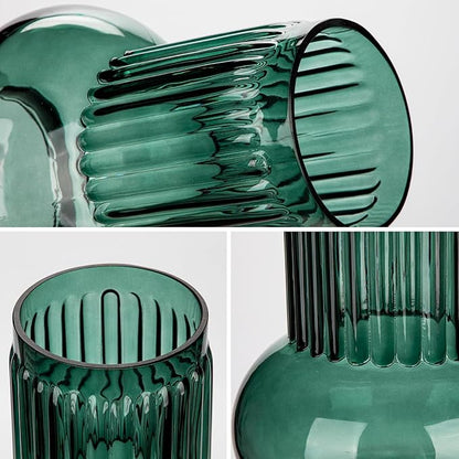 Blue Green Large Glass Vase for Flowers, 7" H x 3.5"/4.7" W Ribbed Vase Modern Wide Mouth Vase Flower Vases Decorative Glass Vases for Centerpieces Mantel Shelf Table Home Decor