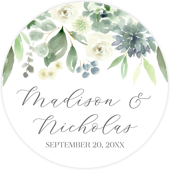 Personalized Floral Wedding Stickers with Your Choice of 30 Flower Styles - Choose Font and One of Five Pre-made Phrases or Add Custom Text (005 - Succulents)