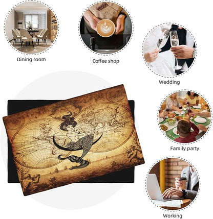 Vintage Mermaid Map Placemats, Old 70s Nautical Pirate World Map Print Washable Fabric Placemats Table Kitchen Dining Party 12x18 Inch Set of 4