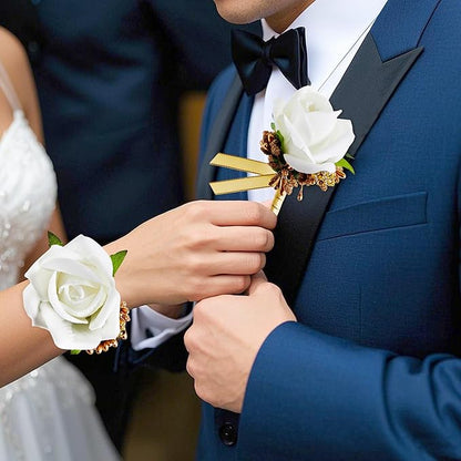 SITUMEIZI 2Pcs Corsage and Boutonniere Set Corsage Wristlet for Prom Decor Boutonniere for Men Wedding Flowers Accessories Party Suit Decoration(Platinum)