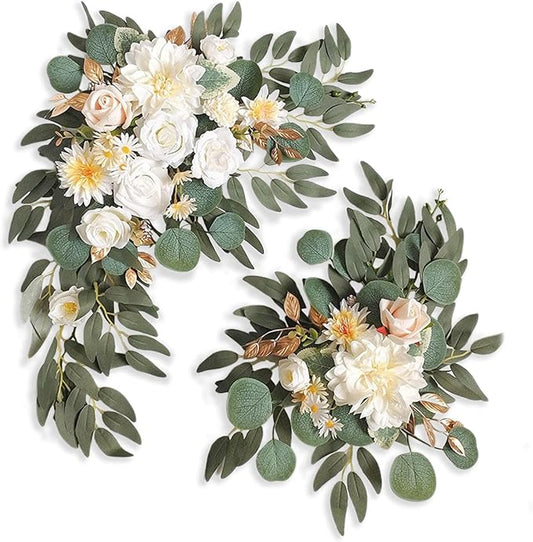 Yellow White Wedding Arch Flowers, Faux Flower Swag Set of 2, White Floral Swag for Wedding Arch Welcome Signs, Reception Ceremony Signs Decor
