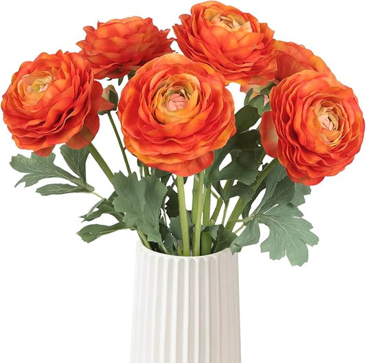 6PCS Orange Ranunculus Artificial Flowers Real Touch Peonies Silk Ranunculus Flowers with Stems for DIY Wedding Bouquet Party Table Home Decor(Orange)