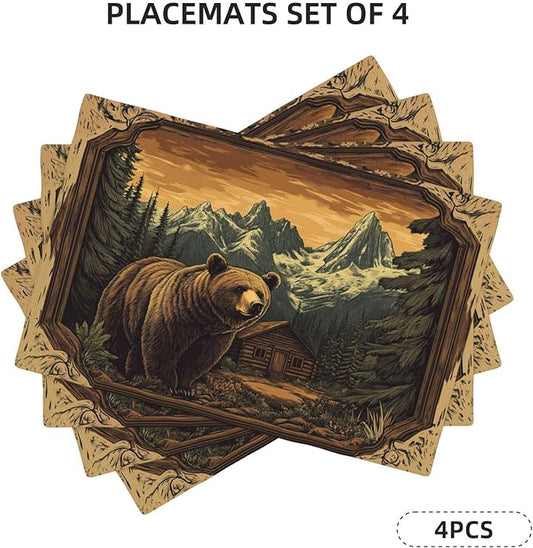 Cabin Bear Placemats Set of 4 Washable Table Mats Rustic Wildlife Hunting Forest Mountain Heat-Resistant Cotton Linen Place Mats for Dining Table Kitchen Indoor Outdoor Party Holiday Decor