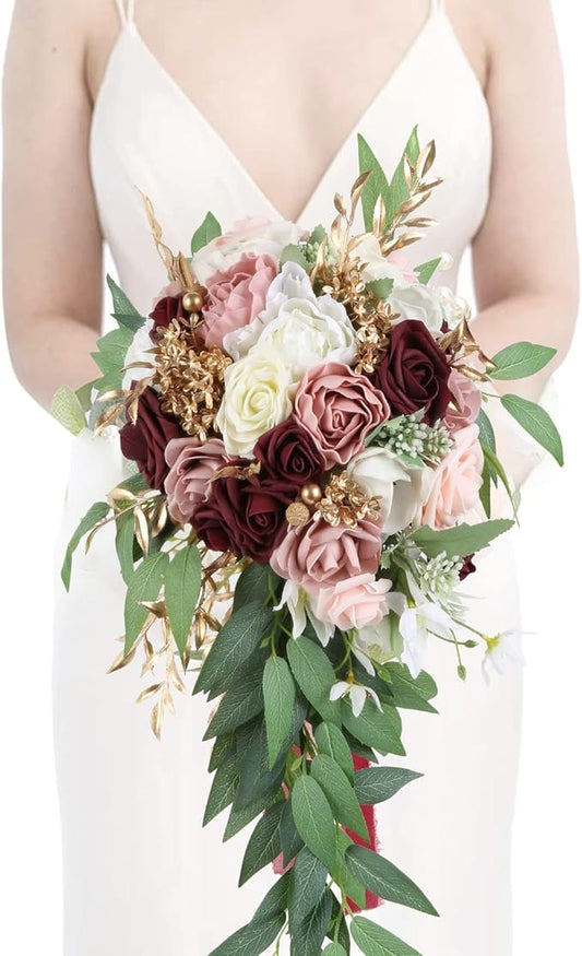 9 Inch Artificial Wedding Bouquets for Bride Bridal Bouquet Bridesmaid Bouquet Tossing Bouquet for Wedding Ceremony Anniversary Bridal Shower(Marsala & Blush)
