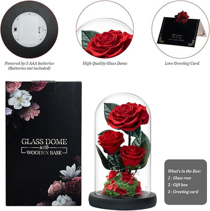 3 Preserved Flowers Roses in Glass Dome with Light for Beauty and The Beast Decor Real Rosas Eternas for Women Mom Birthday,Forever Red Roses for Delivery, Gifts for Wife Girlfriend Her