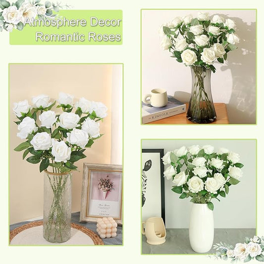 15Pcs Pearl White Roses Artificial Flowers Fake Roses Long Stem Velet Rose Silk Flowers for Home Wedding Decoration (Pearl Roses,White)