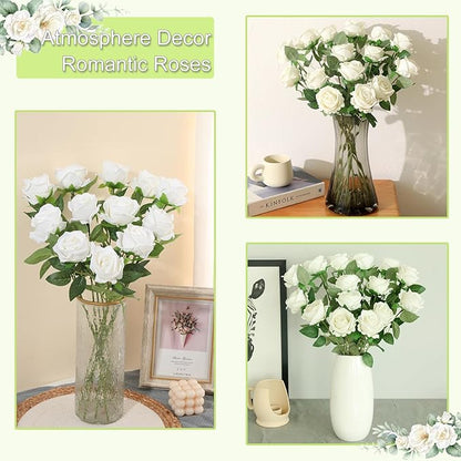 50Pcs White Roses Artificial Flowers Fake Roses Faux Velvet Silk Flower for Home Wedding Decoration (Pearl Rose, White)
