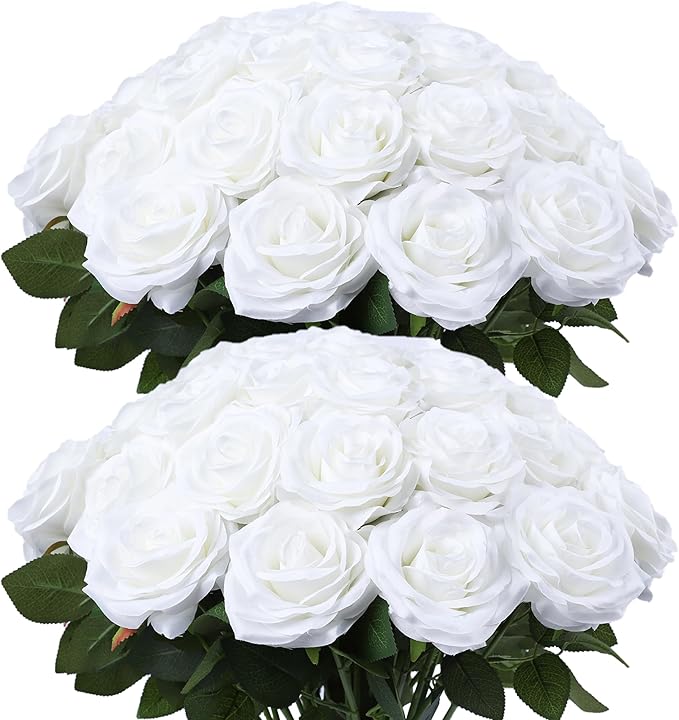 Artificial Rose Flower White Flowers White Roses Silk Flowers 50 pcs with Long Stem Silk Roses Bouquet for Wedding Bridal Shower Party Home Decoration