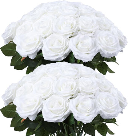 Artificial Rose Flower White Flowers White Roses Silk Flowers 50 pcs with Long Stem Silk Roses Bouquet for Wedding Bridal Shower Party Home Decoration