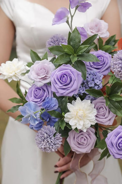 Artificial Flowers Combo Box Set Gradient Color Flower Leaf with Stems for DIY Wedding Bouquets Centerpieces Baby Shower Party Home Decor (Gradient Purple)