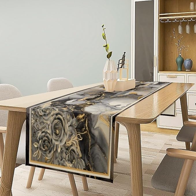 Grey Marble Flower Table Runner, Black Grey Marble Golden Veins Abstract White Natural Texture Floral Dinner Runner Table Decoration for Home Kitchen Dining Holiday Party 13x90in