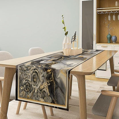 Grey Marble Flower Table Runner, Black Grey Marble Golden Veins Abstract White Natural Texture Floral Dinner Runner Table Decoration for Home Kitchen Dining Holiday Party 13x36in
