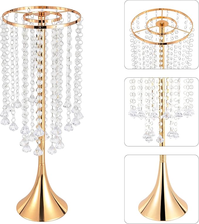Crystal Chain Flower Vases, 10 Pcs Acrylic Vase Stands with Hand Strung Beads Top Flower Plate Enlarged Trumpet-Shaped Base and Easy Assemble Tabletop Wedding Crystal Flower Stands for Home Decoration