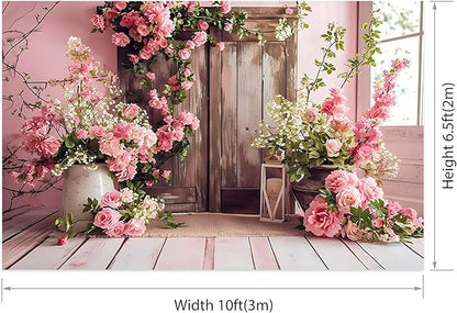 AOTOFO 10x6.5ft Rustic Wood Floral Backdrop for Baby Shower Newborn Studio Picture Photography Wooden Door Pink Flower Wall Background Wedding Bridal Shower Birthday Party Photoshoot Booth Banner