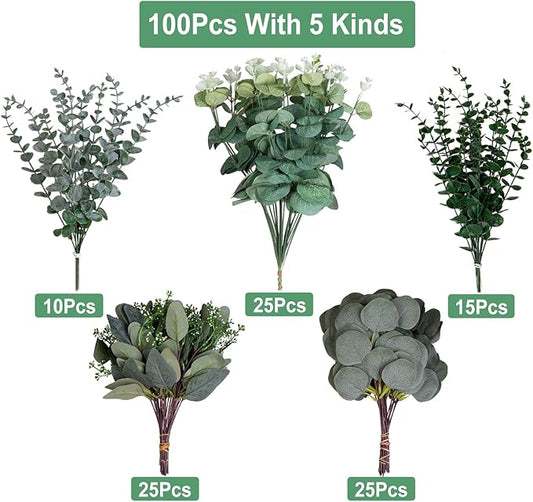 Cliselda 100pcs Artificial Eucalyptus Leaves Stems, 5 Kinds Mixed Fake Greenery Stems Bulk, Silver Eucalyptus Bundle Greenery Branches for Wedding Floral Bouquet Arrangement Centerpiece Decoration