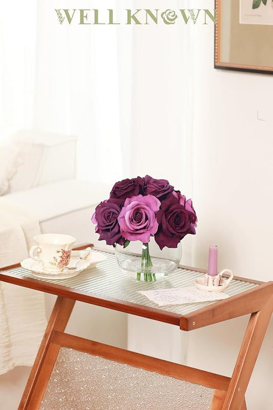 WELL KNOWN Silk Purple and Pink Roses Bouquet in Vase, Artificial Fake Flowers Arrangements in Glass Vase with Faux Water for Home Office Hotel Birthday Wedding Party Table Decoration & Mom's Gift