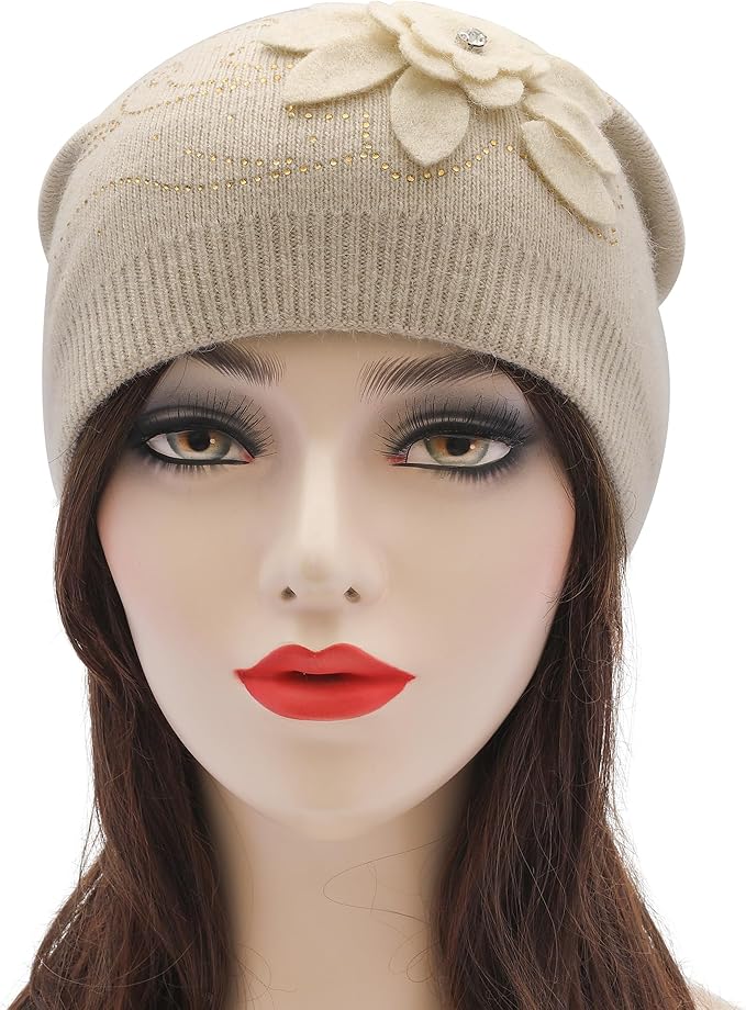 ZLYC Women Floral Slouchy Beanie Hat Double Layer Winter Knit Skull Cap