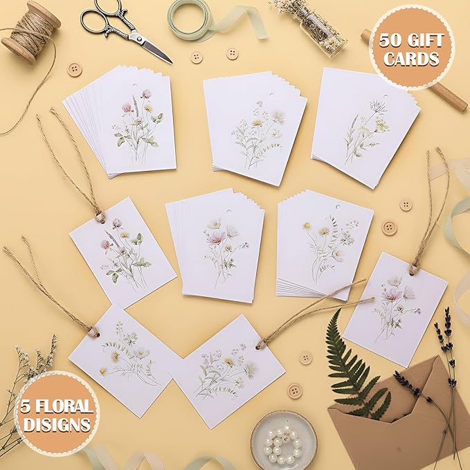 50 Set Floral Blank Gift Tags with String, 2 x 3 in Watercolor Bouquet Paper Gift Tags Set 5 Assorted Flower Designs Label Tag for Wedding Bridal Baby Shower Xmas Party Decor Supplies