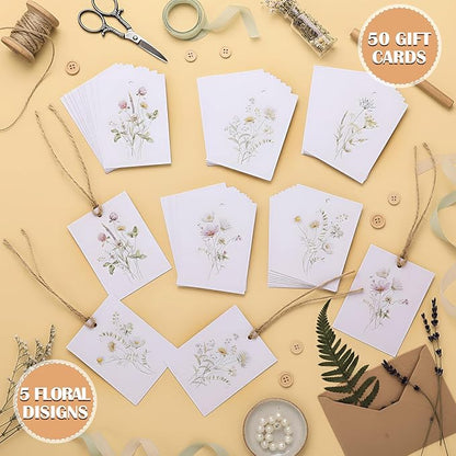 50 Set Floral Blank Gift Tags with String, 2 x 3 in Watercolor Bouquet Paper Gift Tags Set 5 Assorted Flower Designs Label Tag for Wedding Bridal Baby Shower Xmas Party Decor Supplies
