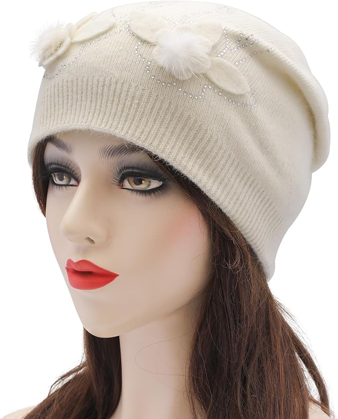 ZLYC Women Floral Slouchy Beanie Hat Double Layer Winter Knit Skull Cap