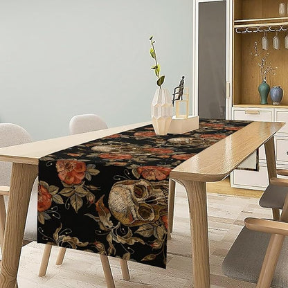 Gothic Table Runner,Vintage Skull Red Floral Pattern Table Runner for Home Kitchen Table Dining Garden Farmhouse Wedding Party Decor 13x70 Inch