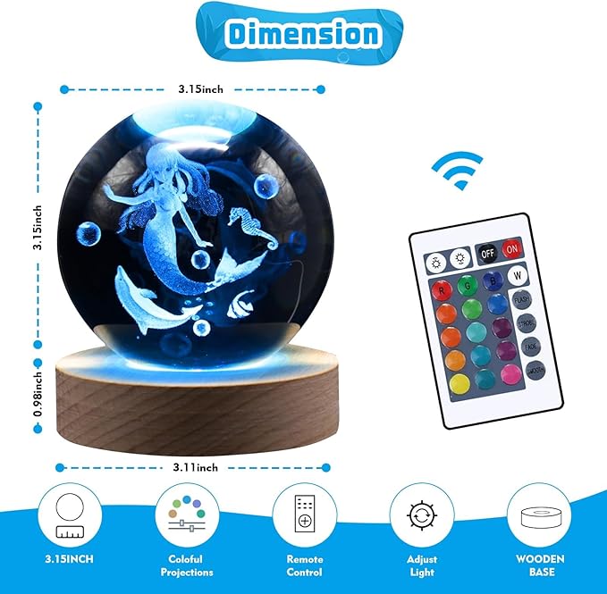 3.15in 3D Mermaid Nightlight, Mermaid Lamps for Girls Bedroom, Night Light, 16 Colors & Remote Controls Crystal Ball Lamp, Birthday Christmas Mermaids Gifts for Girls Kids